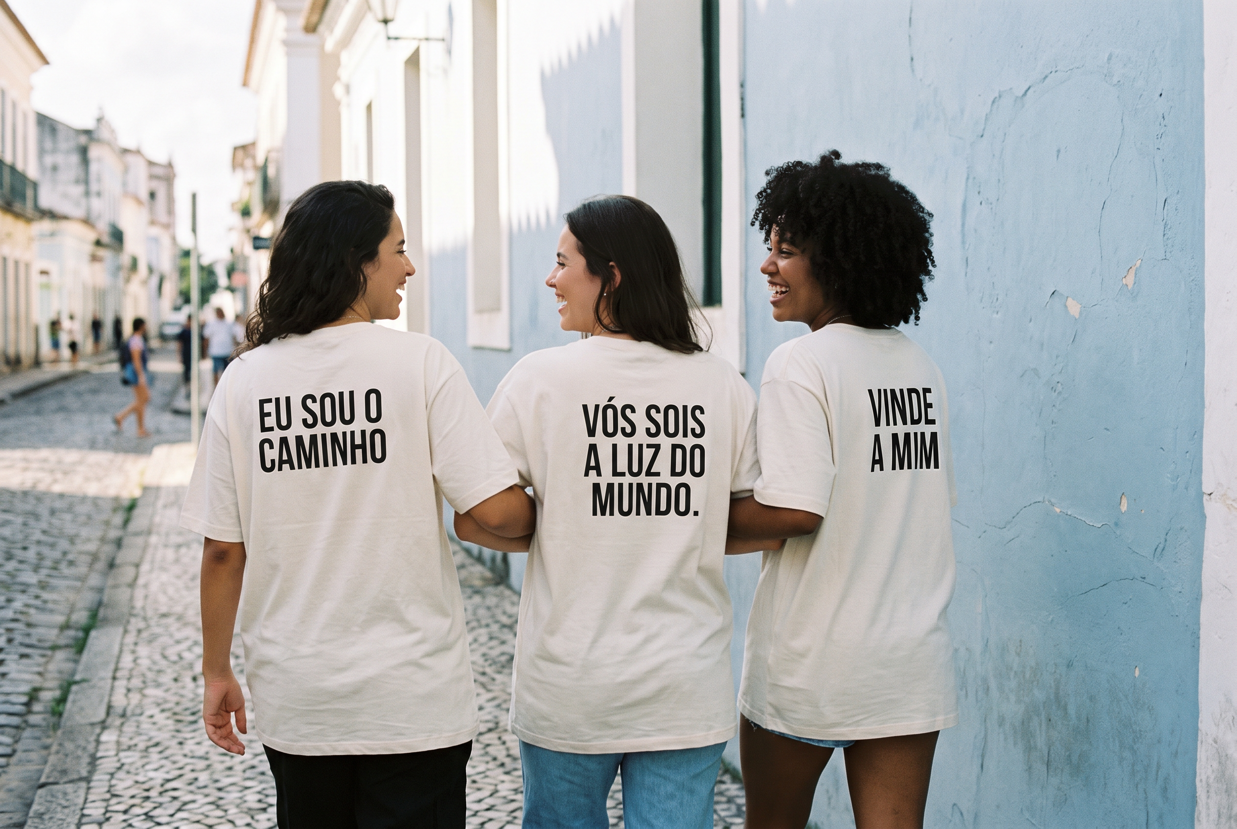 Três amigas caminhando na rua, de costas, com camisetas estampadas: “Eu sou o caminho”, “Vós sois a luz do mundo” e “Vinde a mim”