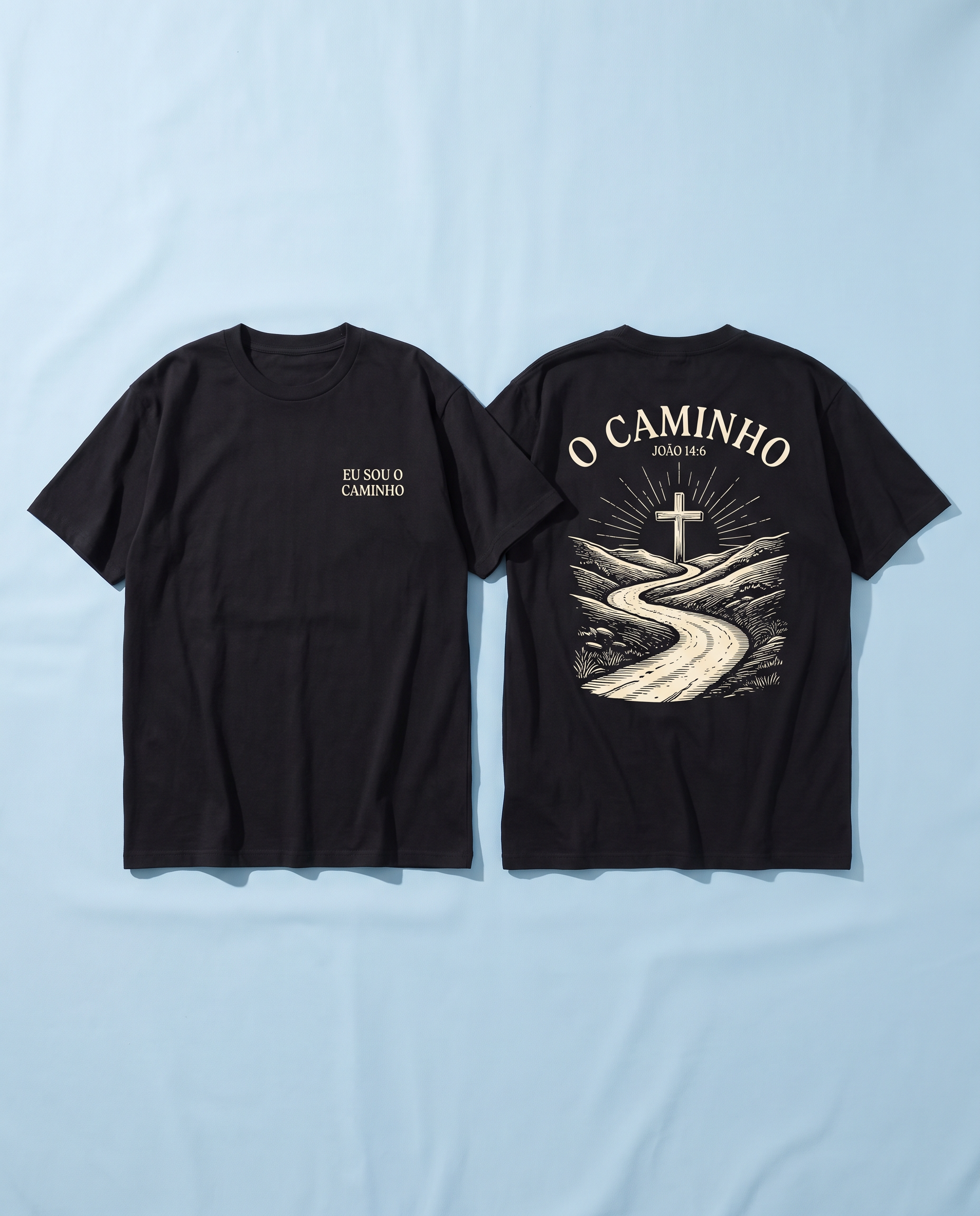 Camiseta preta: na frente, “Eu sou o caminho”; nas costas, ilustração de uma estrada até a cruz com “O caminho, João 14:6”