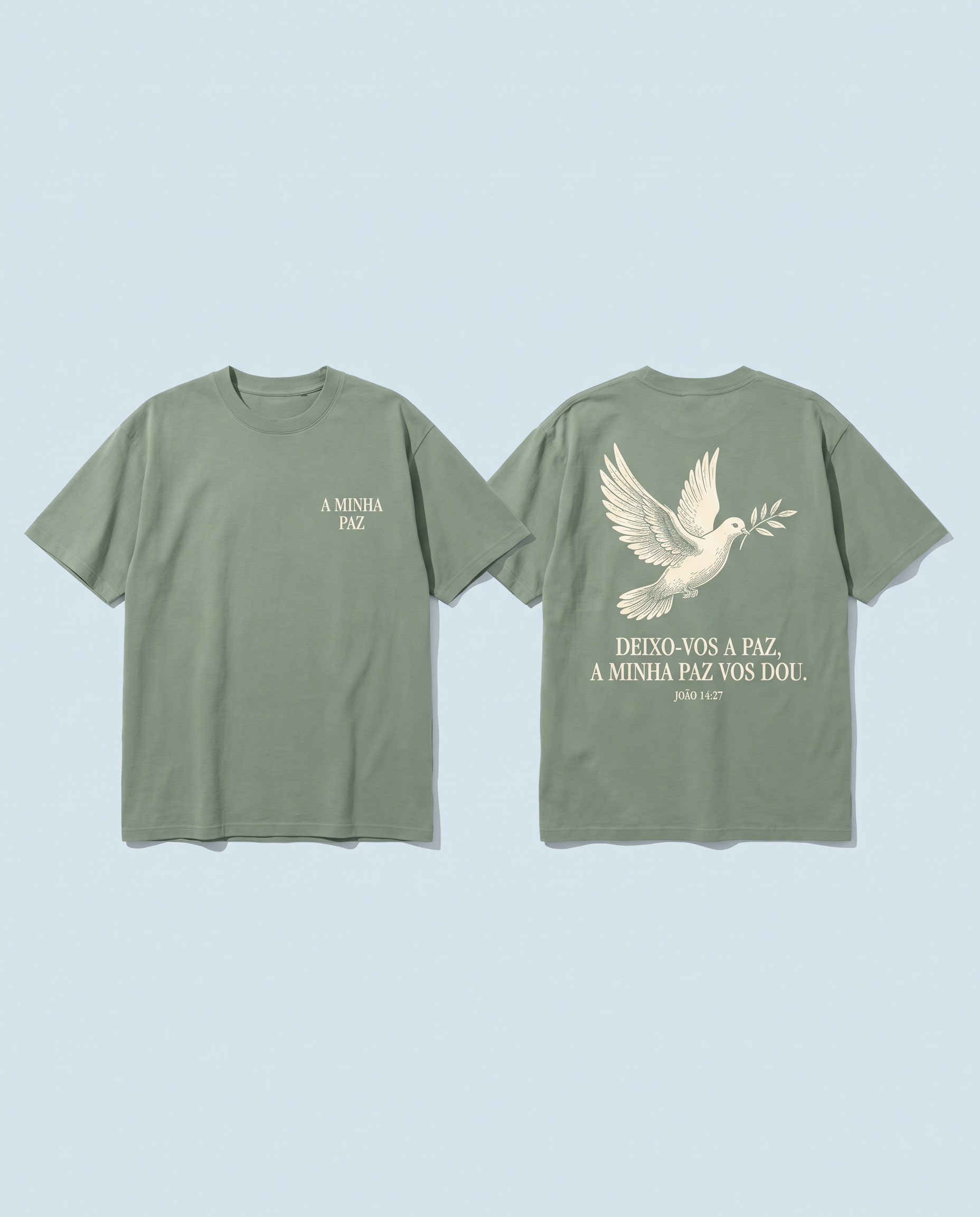 Camiseta verde-sálvia: na frente, “A minha paz”; nas costas, pomba com ramo de oliveira e “Deixo-vos a paz, a minha paz vos dou, João 14:27”